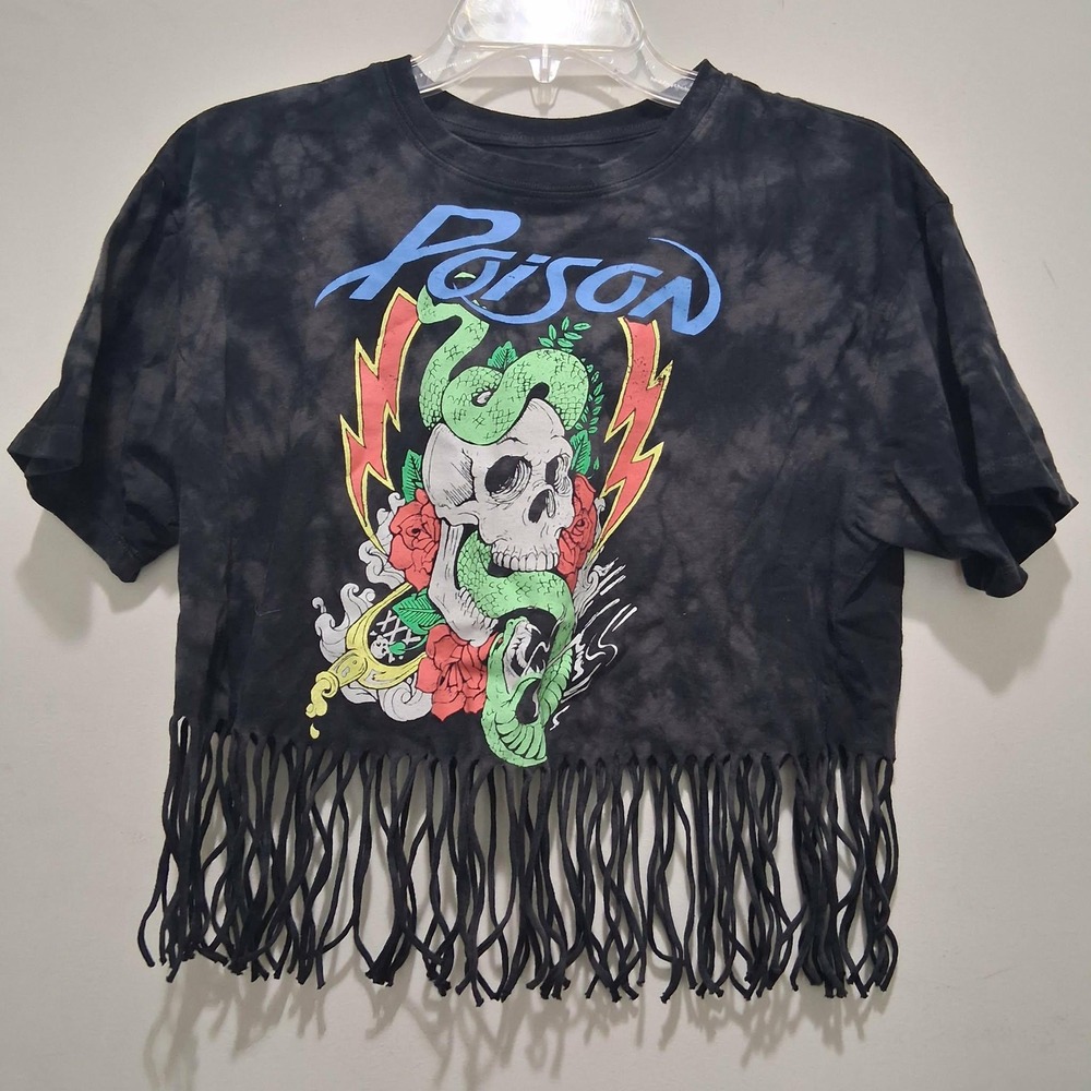 Poison Band Tee Mad Engine Black Tie Dye Fringe Crop Top Skull Snake XS